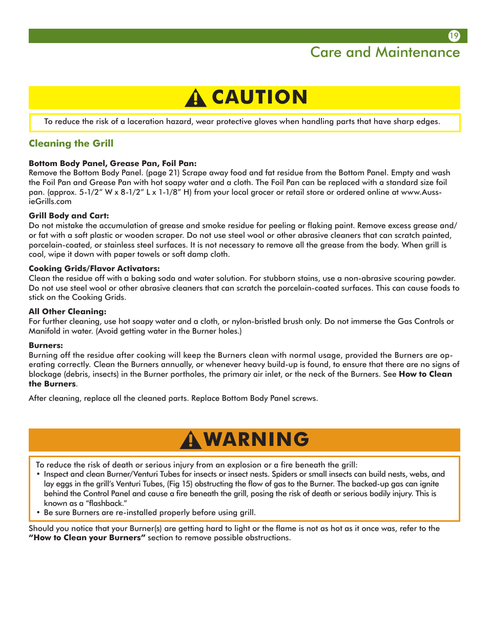 Caution, Warning, Care and maintenance | Aussie 69F6U00KS1 User Manual | Page 19 / 28