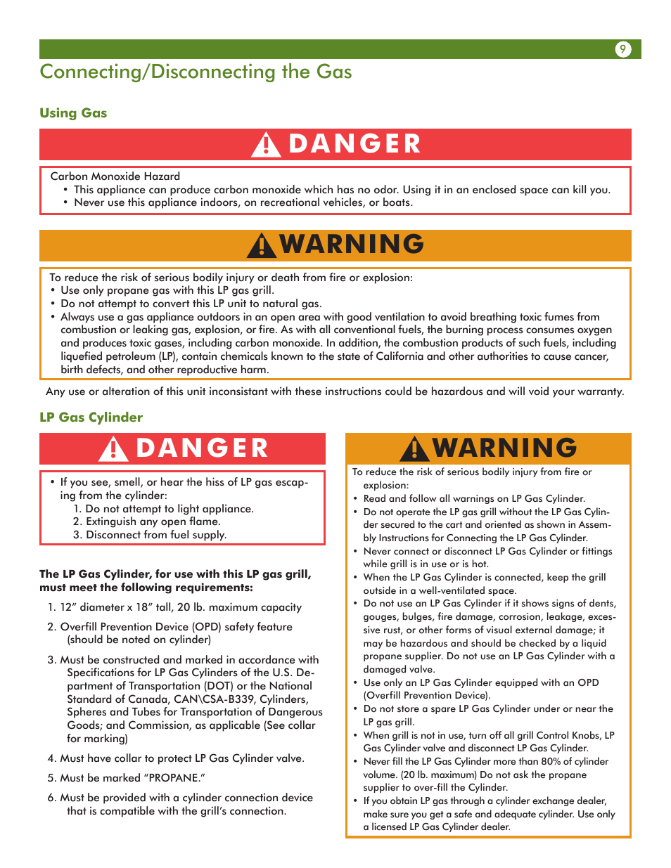 Warning, Connecting/disconnecting the gas | Aussie 69F6U00KS1 User Manual | Page 9 / 28