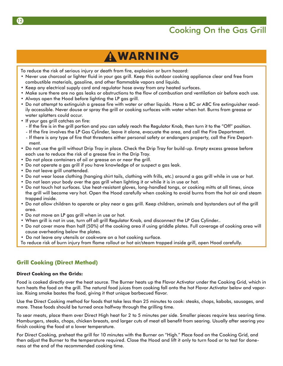 Warning, Cooking on the gas grill | Aussie 6T01U00SS1 User Manual | Page 12 / 20