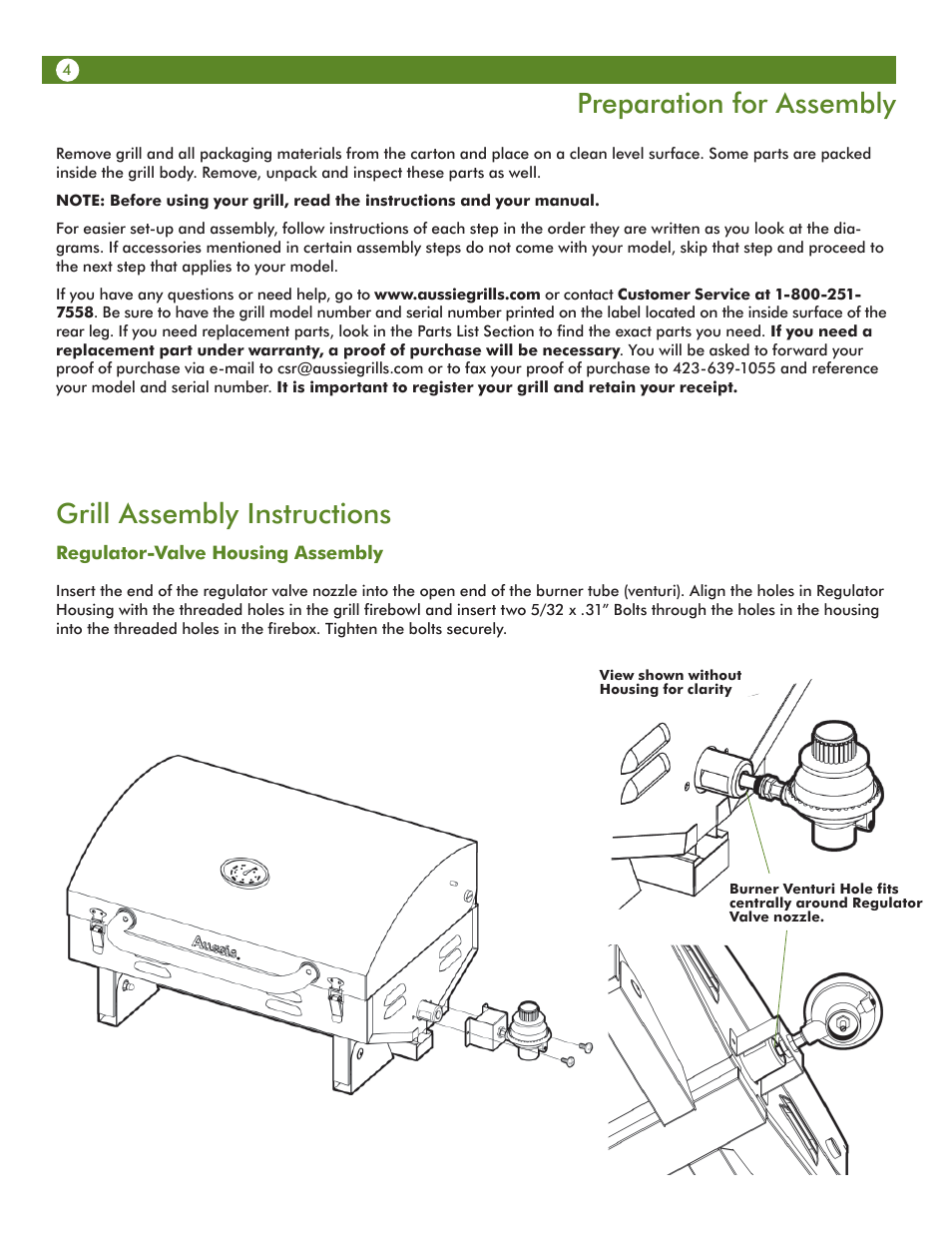 Preparation for assembly, Grill assembly instructions | Aussie 6T01U00SS1 User Manual | Page 4 / 20