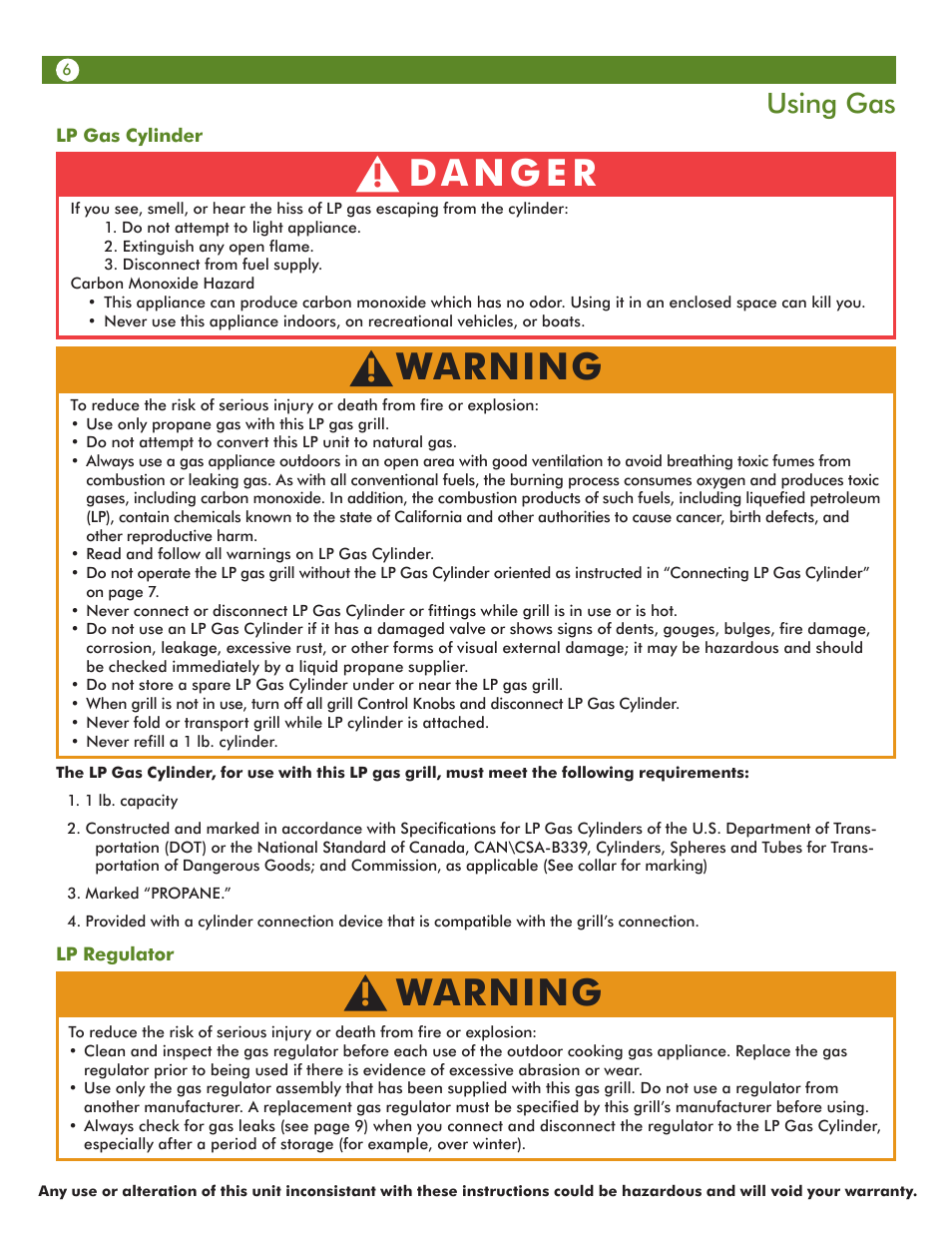 Warning, Using gas | Aussie 6T01U00SS1 User Manual | Page 6 / 20