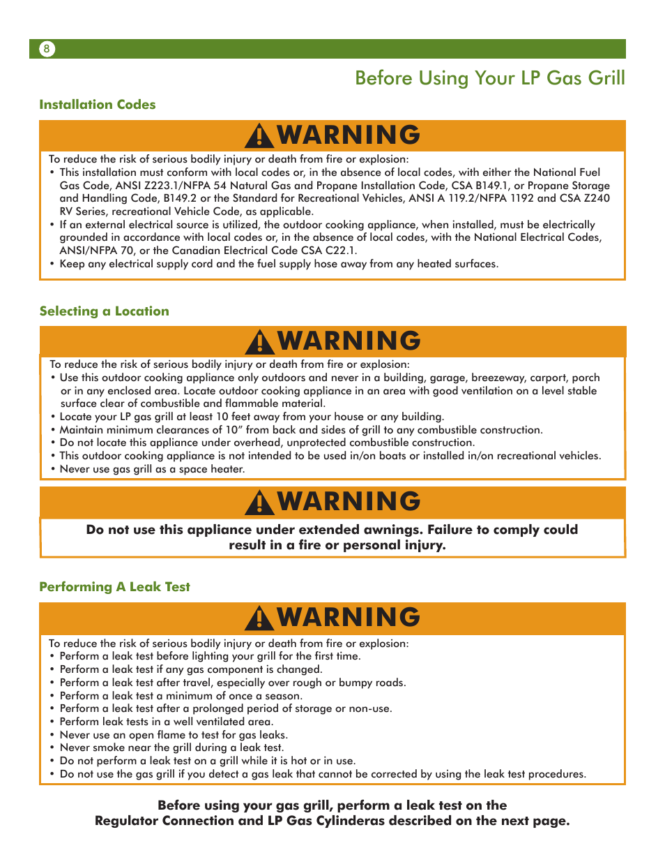 Warning, Before using your lp gas grill | Aussie 6T01U00SS1 User Manual | Page 8 / 20