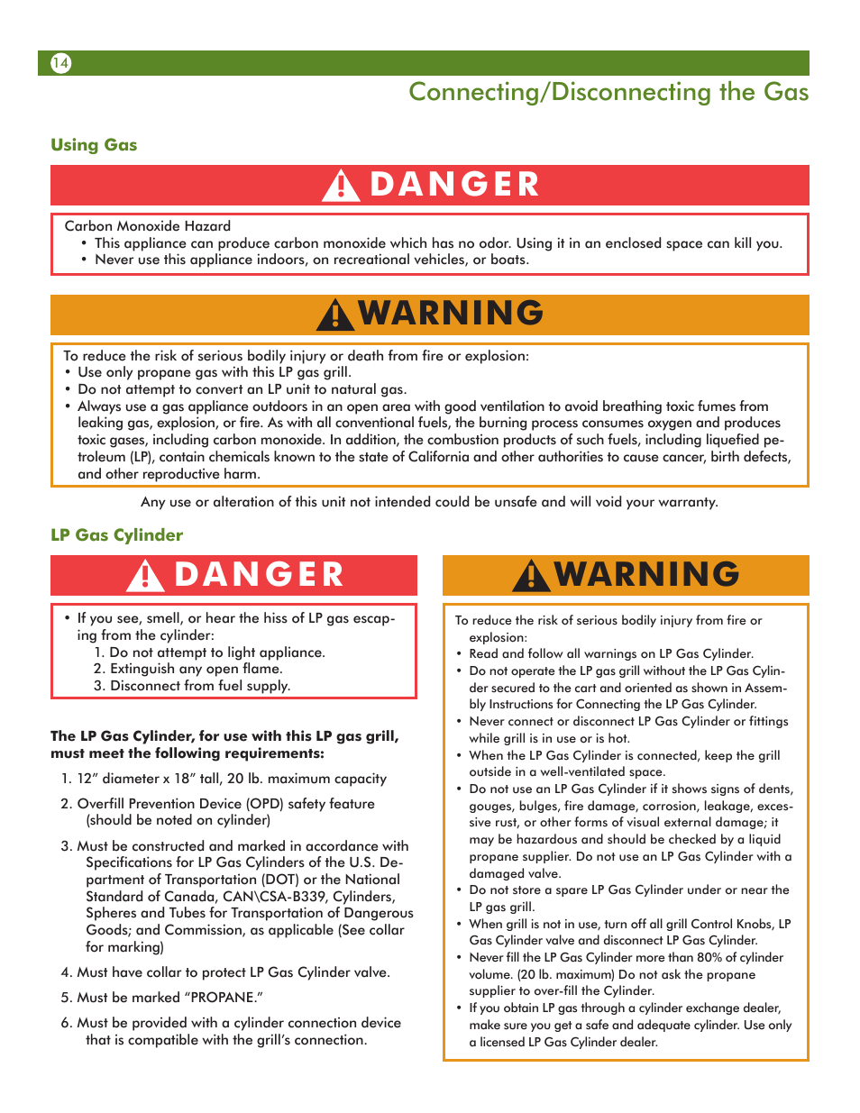 Warning, Connecting/disconnecting the gas | Aussie Vantage LP Gass Grill 6804T8UK91 User Manual | Page 14 / 36