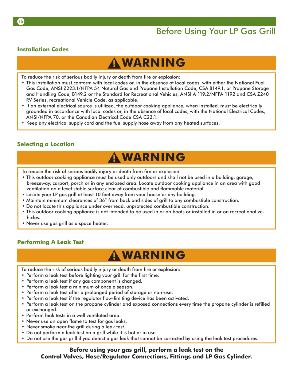 Warning, Before using your lp gas grill | Aussie Vantage LP Gass Grill 6804T8UK91 User Manual | Page 16 / 36
