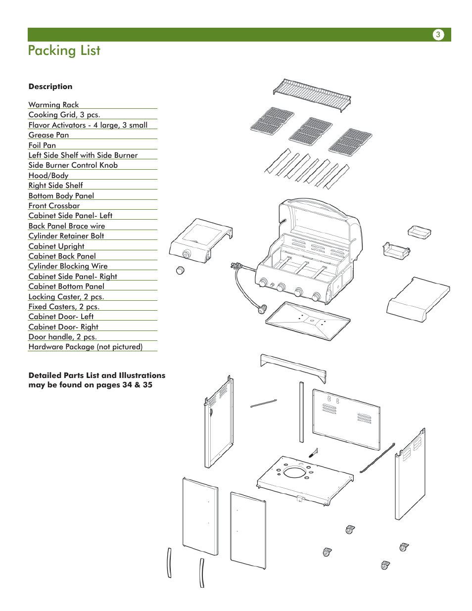 Packing list | Aussie Vantage LP Gass Grill 6804T8UK91 User Manual | Page 3 / 36