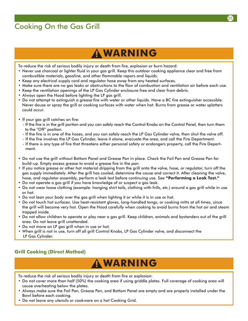 Warning, Cooking on the gas grill | Aussie Vantage LP Gass Grill 6804T80SS1 User Manual | Page 25 / 38