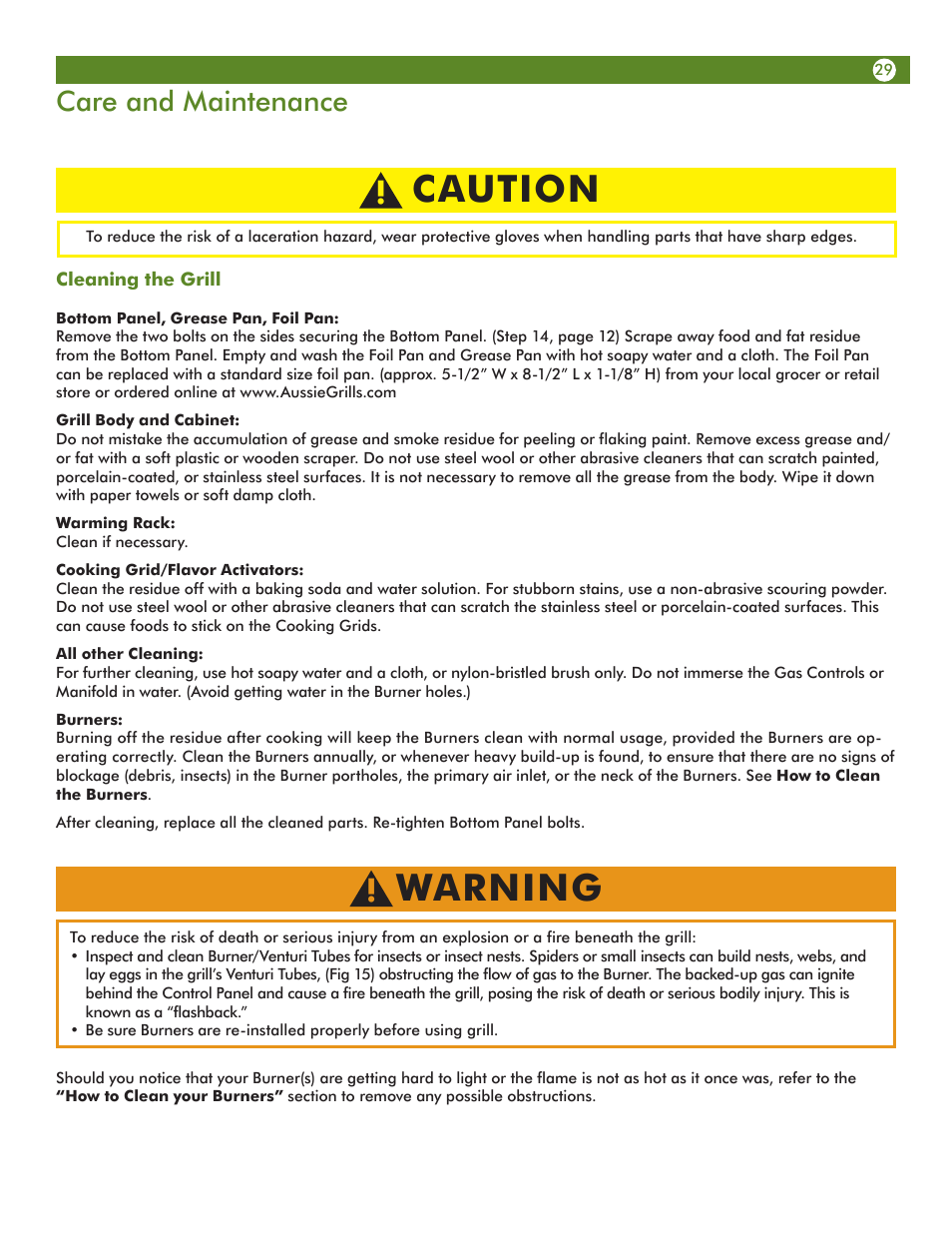 Caution, Warning, Care and maintenance | Aussie Vantage LP Gass Grill 6804T80SS1 User Manual | Page 29 / 38