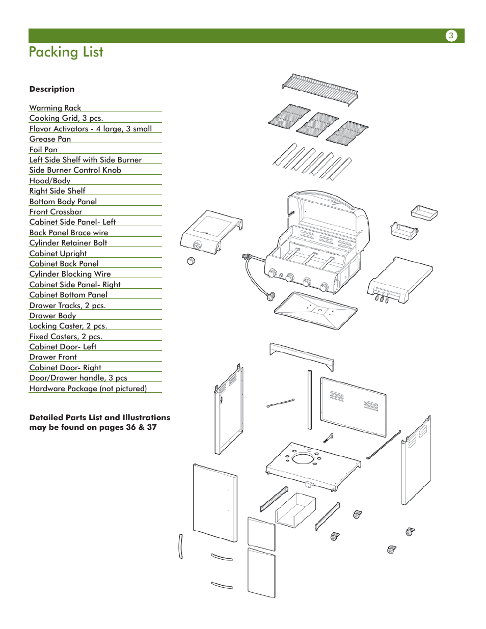 Packing list | Aussie Vantage LP Gass Grill 6804T80SS1 User Manual | Page 3 / 38