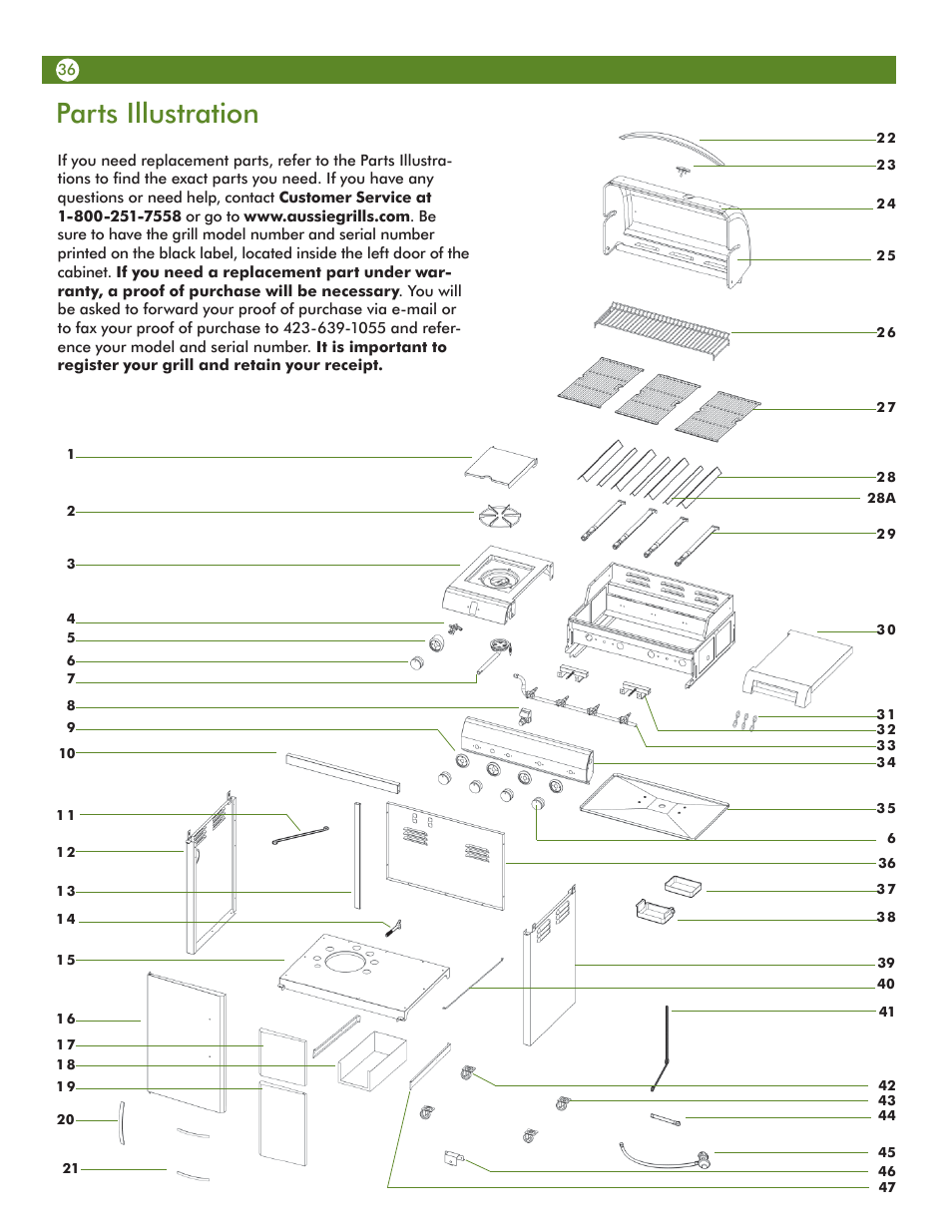 Parts illustration | Aussie Vantage LP Gass Grill 6804T80SS1 User Manual | Page 36 / 38