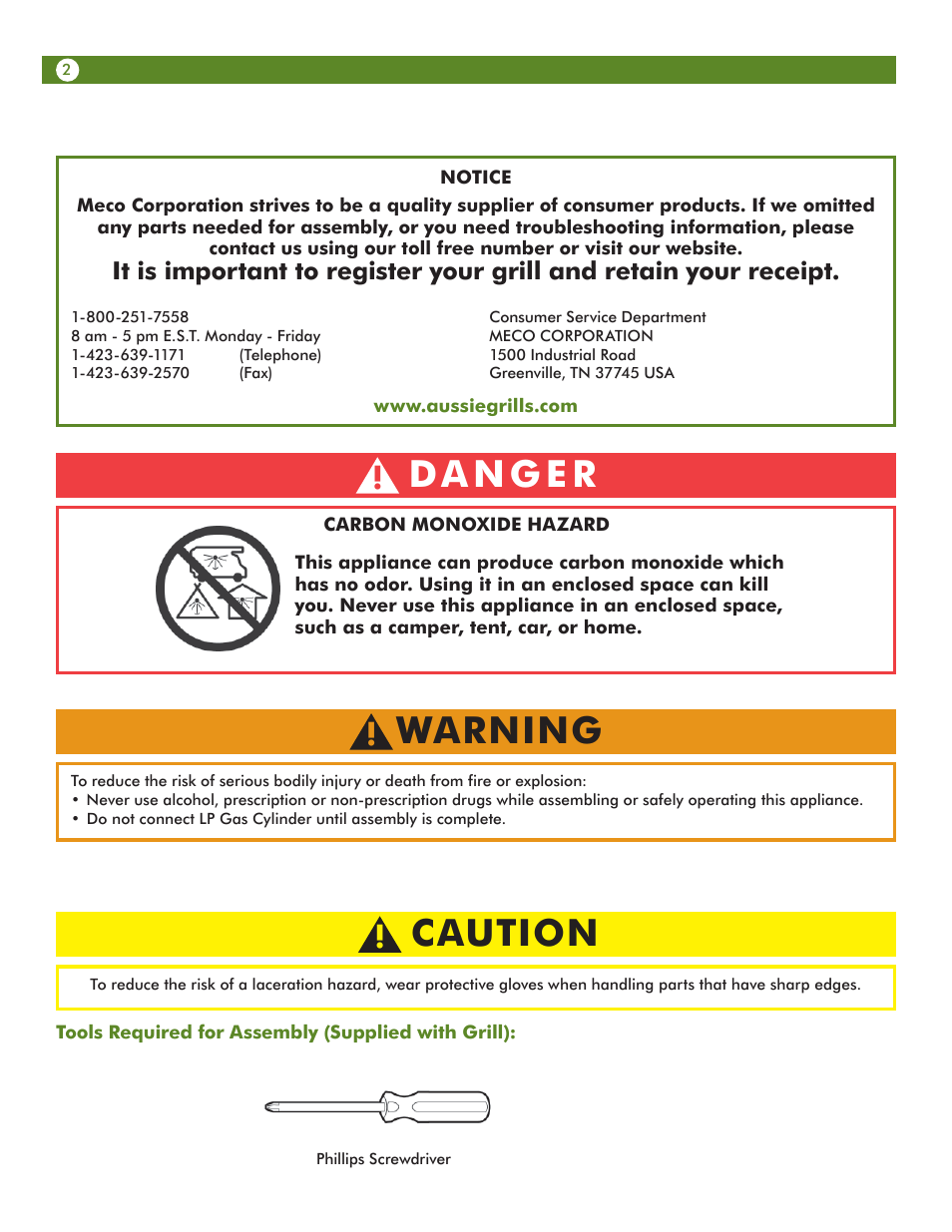Warning, Caution | Aussie Vantage LP 6804S8-S11 User Manual | Page 2 / 36