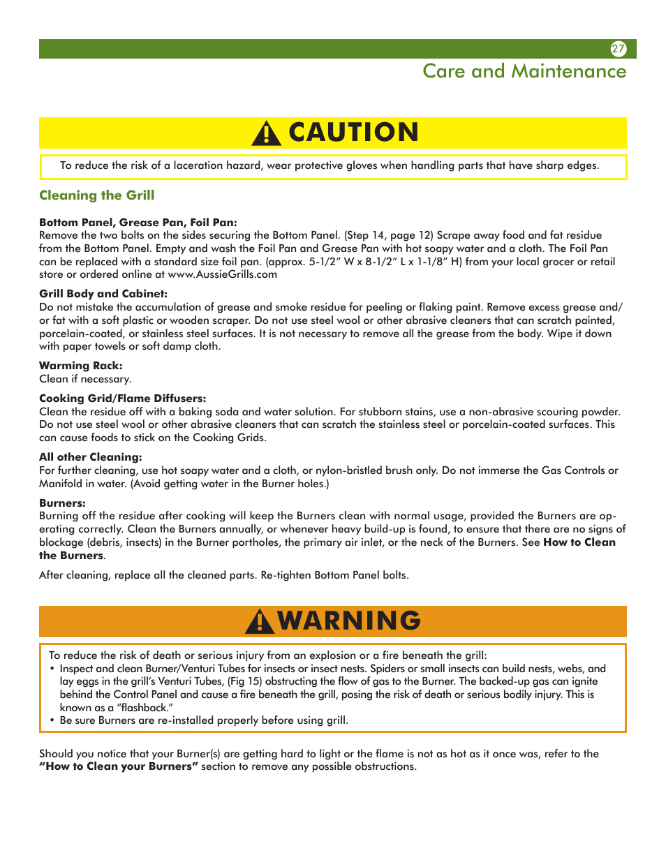 Caution, Warning, Care and maintenance | Aussie Vantage LP 6804S8-S11 User Manual | Page 27 / 36