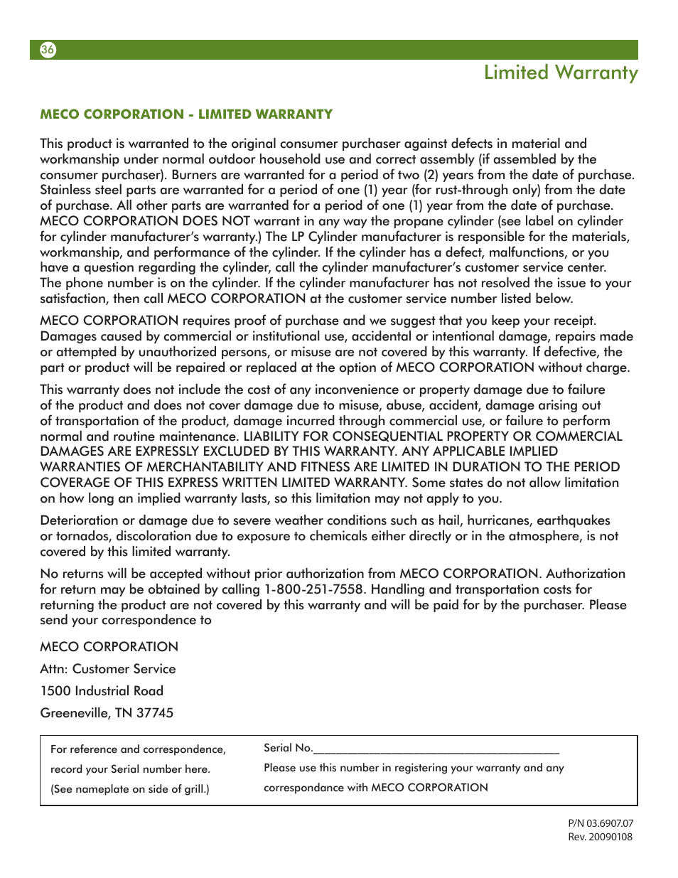 Limited warranty | Aussie Vantage LP 6804S8-S11 User Manual | Page 36 / 36
