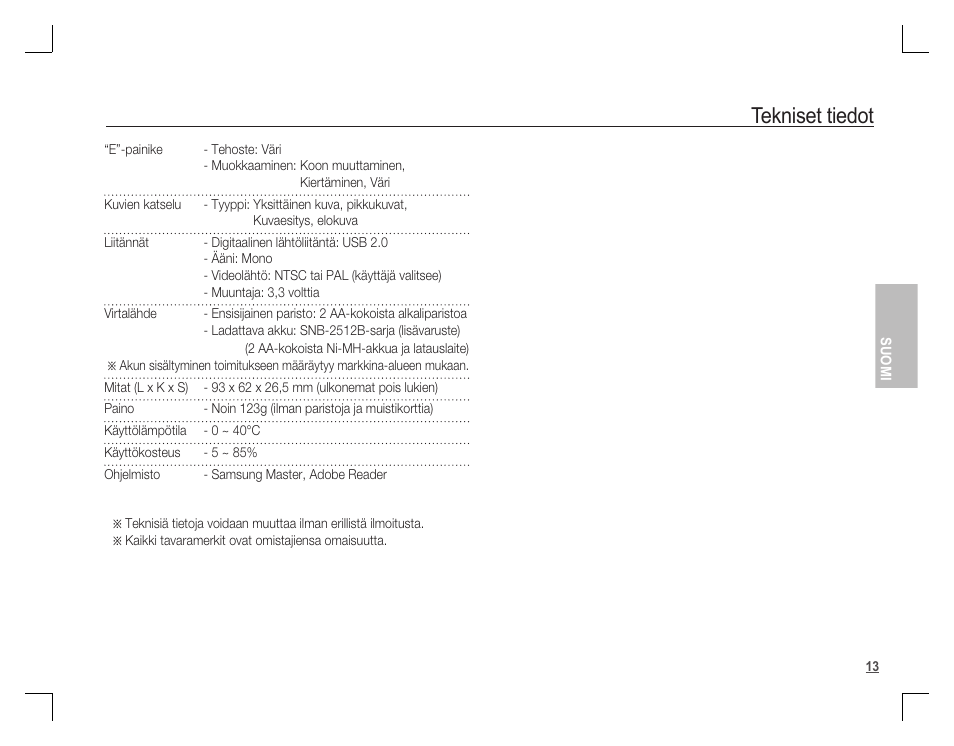 Tekniset tiedot | Samsung KENOX S860 User Manual | Page 46 / 98