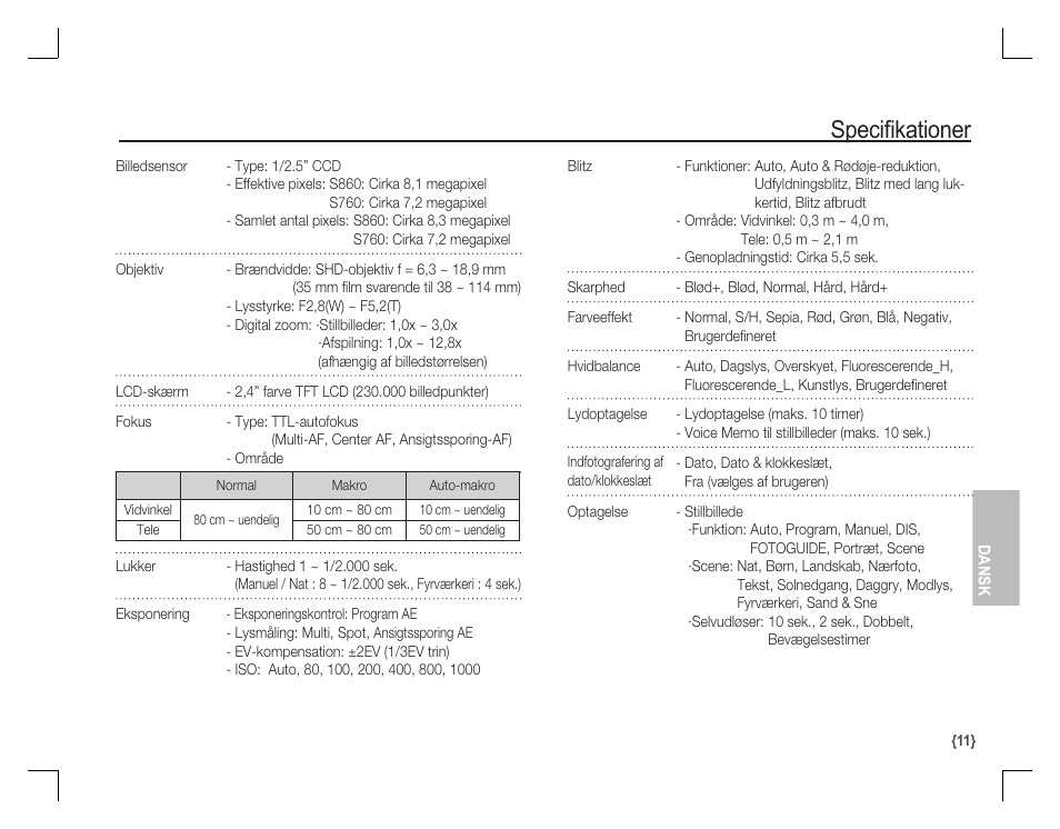 Specifi kationer | Samsung KENOX S860 User Manual | Page 76 / 98