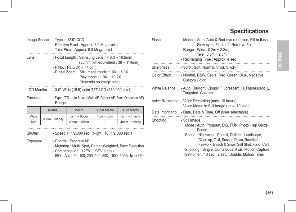 Specifications | Samsung I80 User Manual | Page 16 / 122