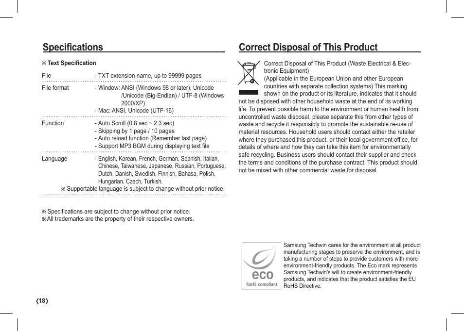 Correct disposal of this product, Specifications | Samsung I80 User Manual | Page 19 / 122