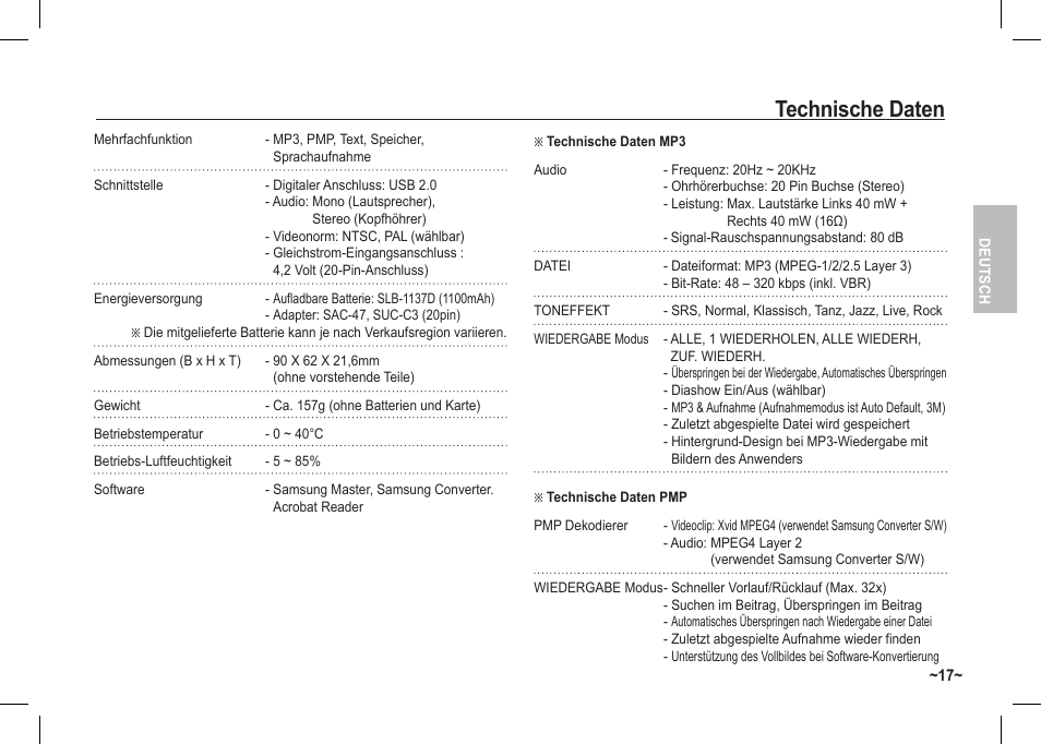 Technische daten | Samsung I80 User Manual | Page 38 / 122