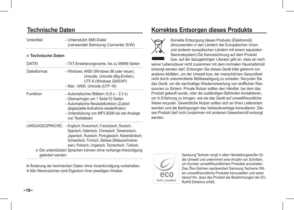 Korrektes entsorgen dieses produkts, Technische daten | Samsung I80 User Manual | Page 39 / 122