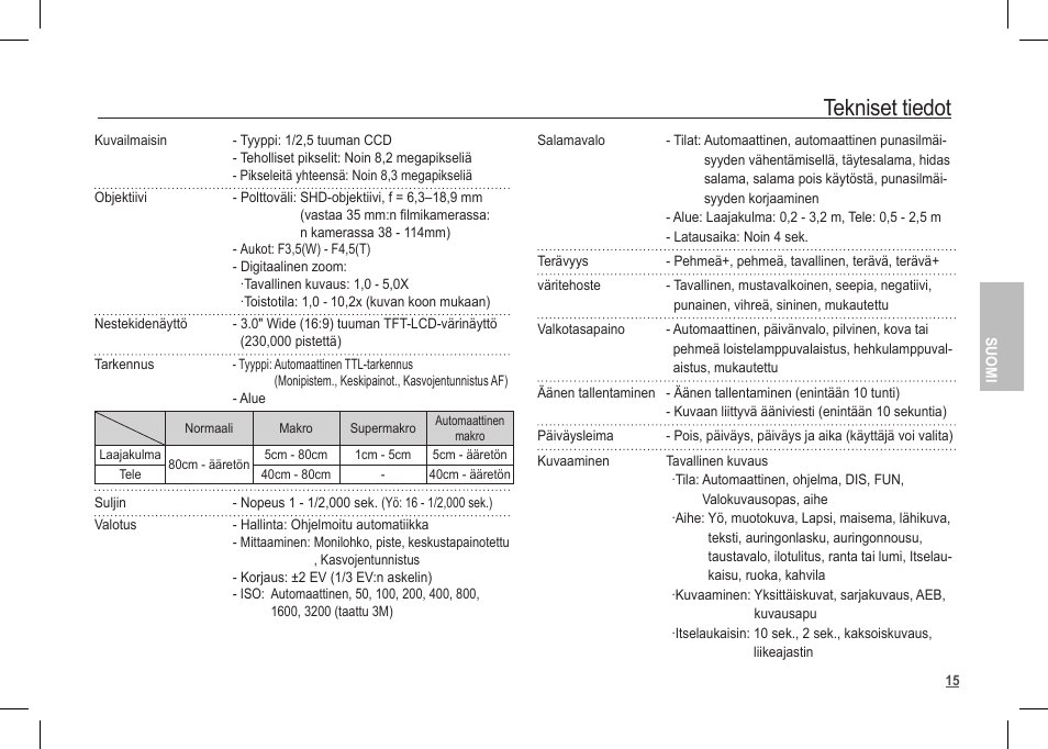 Tekniset tiedot | Samsung I80 User Manual | Page 56 / 122