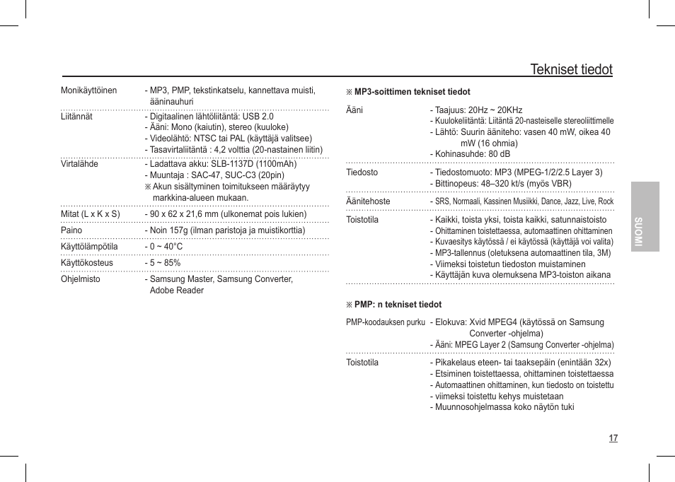 Tekniset tiedot | Samsung I80 User Manual | Page 58 / 122