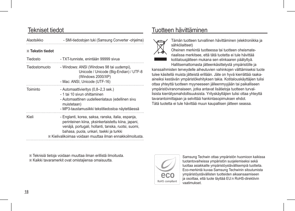 Tuotteen hävittäminen, Tekniset tiedot | Samsung I80 User Manual | Page 59 / 122