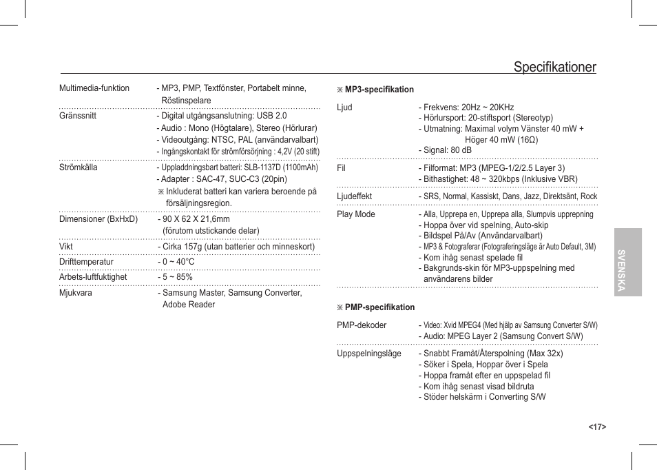 Specifikationer | Samsung I80 User Manual | Page 78 / 122