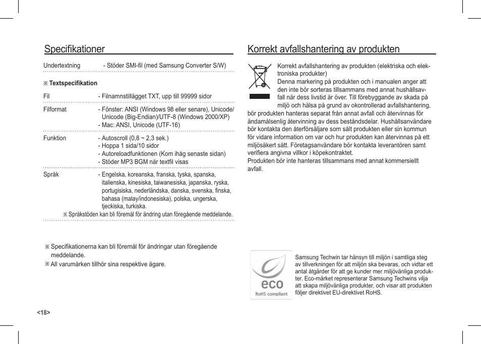 Korrekt avfallshantering av produkten, Specifikationer | Samsung I80 User Manual | Page 79 / 122