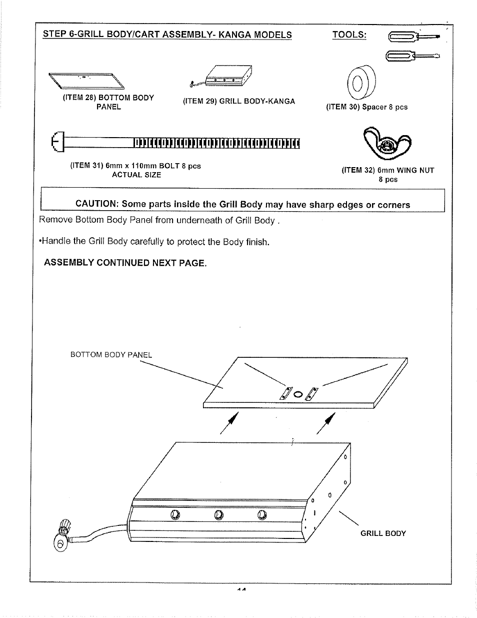 Step 6-grill body/cart assembly- kanga models, Step, 6 - grill body/cart assembly (kanga model).14 | Aussie LP 7462 User Manual | Page 14 / 36