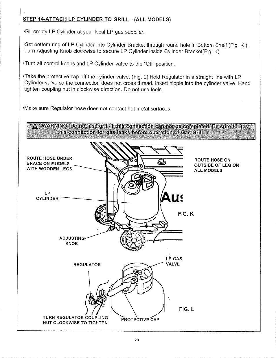Step 14-attach lp cylinder to grill - (all models), Fig. l, Step 14“ attach lp cylinder to grill | Aussie LP 7462 User Manual | Page 23 / 36