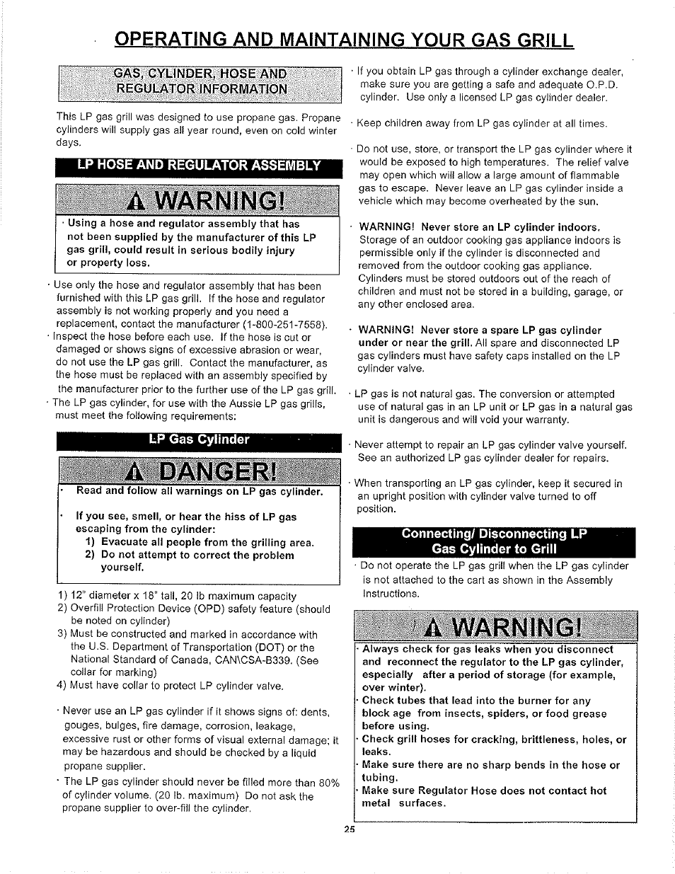 Mimmwlwiliim, Rning, Operating and maintaining your gas grill | Aussie LP 7462 User Manual | Page 25 / 36