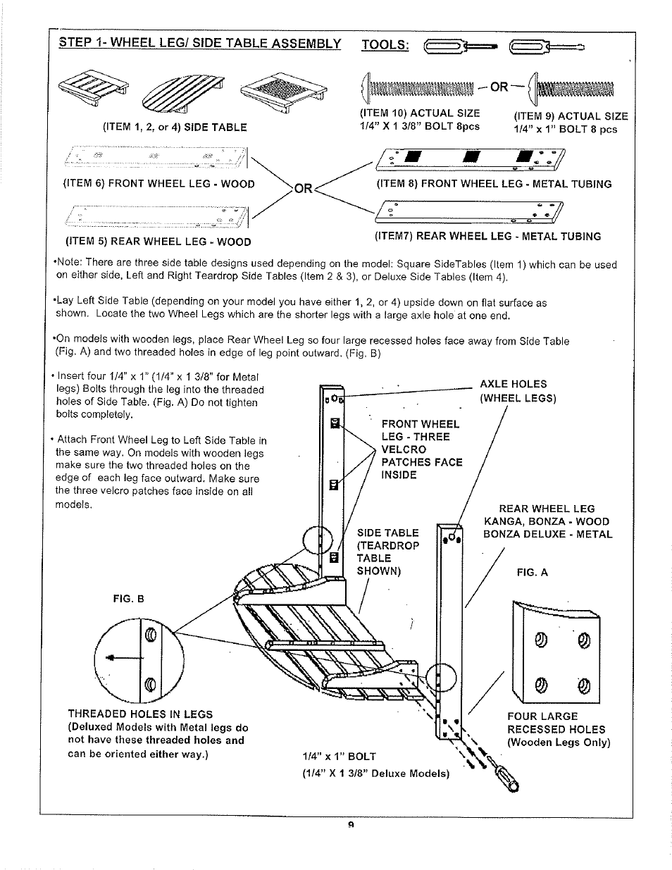 Step 1- wheel leg/ side table assembly, Step, 1 - wheel leg/side table assembly | Aussie LP 7462 User Manual | Page 9 / 36