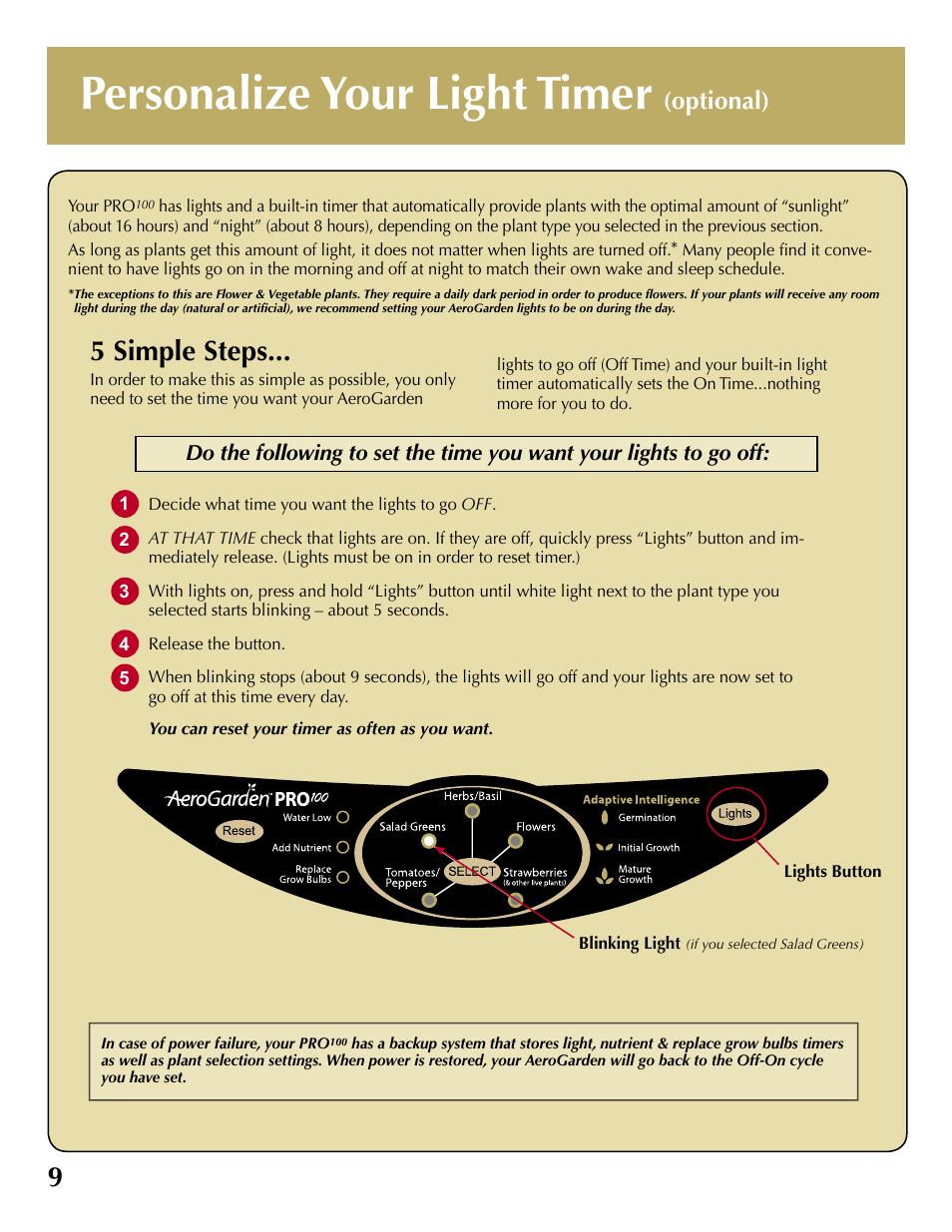 Personalize your light timer, 5 simple steps, Optional) | AeroGarden 100710-BSS User Manual | Page 10 / 16