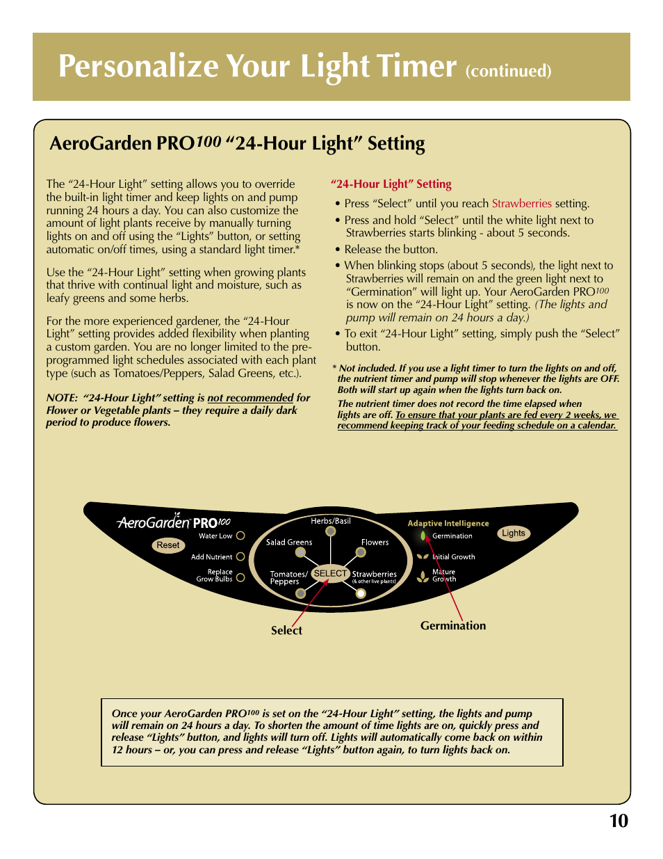 Personalize your light timer, Aerogarden pro, Hour light” setting | Continued) | AeroGarden 100710-BSS User Manual | Page 11 / 16