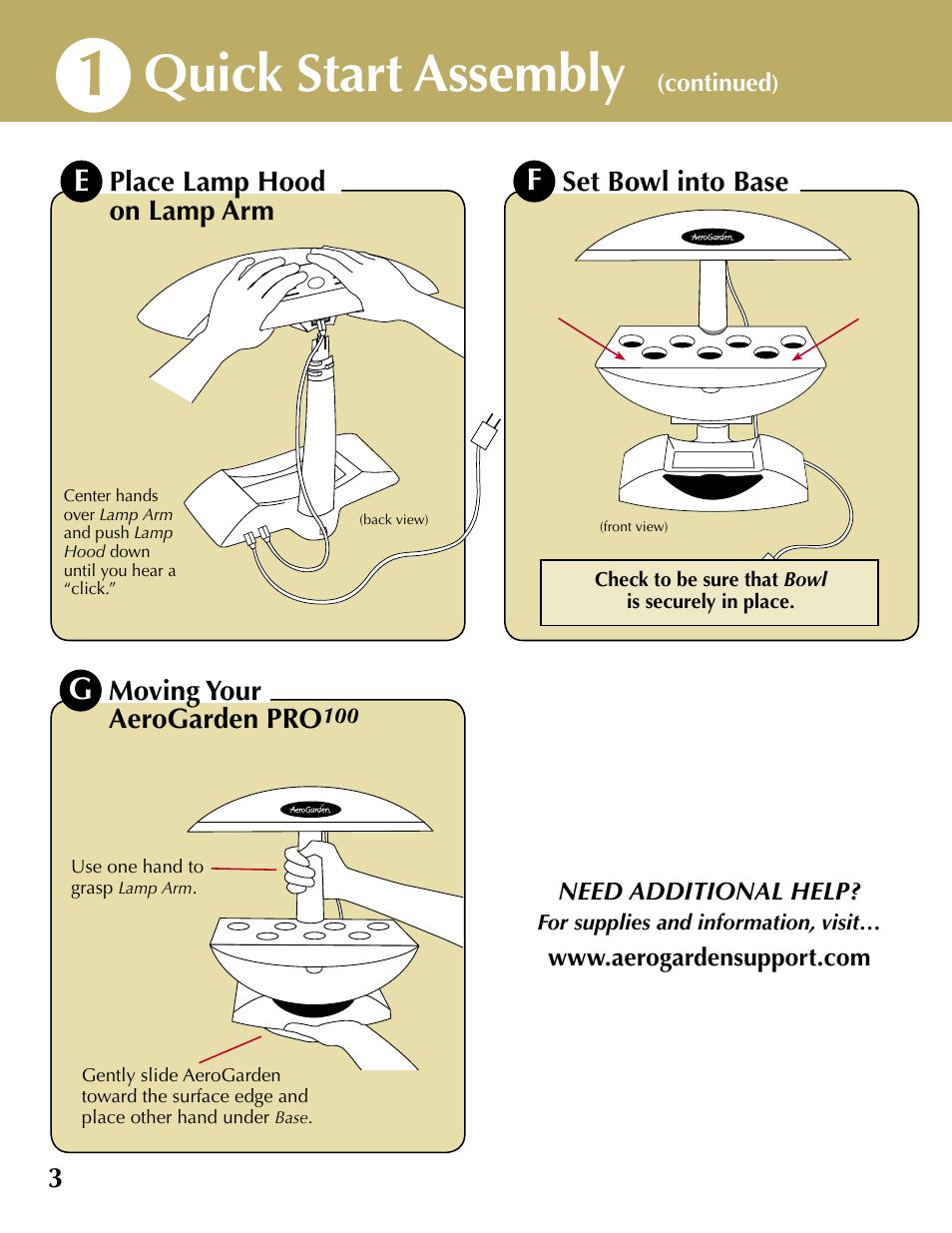 Quick start assembly, Moving your aerogarden pro, Place lamp hood on lamp arm | Set bowl into base | AeroGarden 100710-BSS User Manual | Page 4 / 16