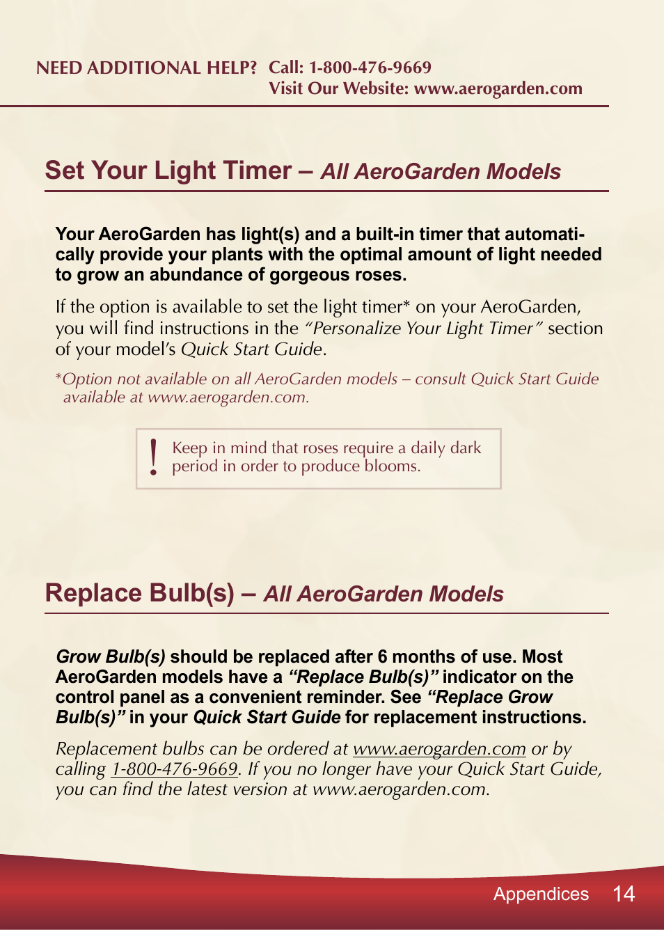 Set your light timer, Replace bulb(s) | AeroGarden PRO100 User Manual | Page 15 / 24