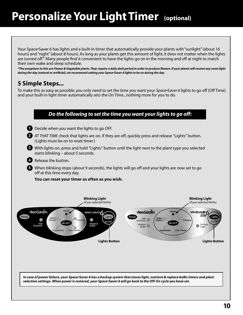 Personalize your light timer, Optional, 5 simple steps | AeroGarden Space Saver 6 100602-SLR User Manual | Page 11 / 16