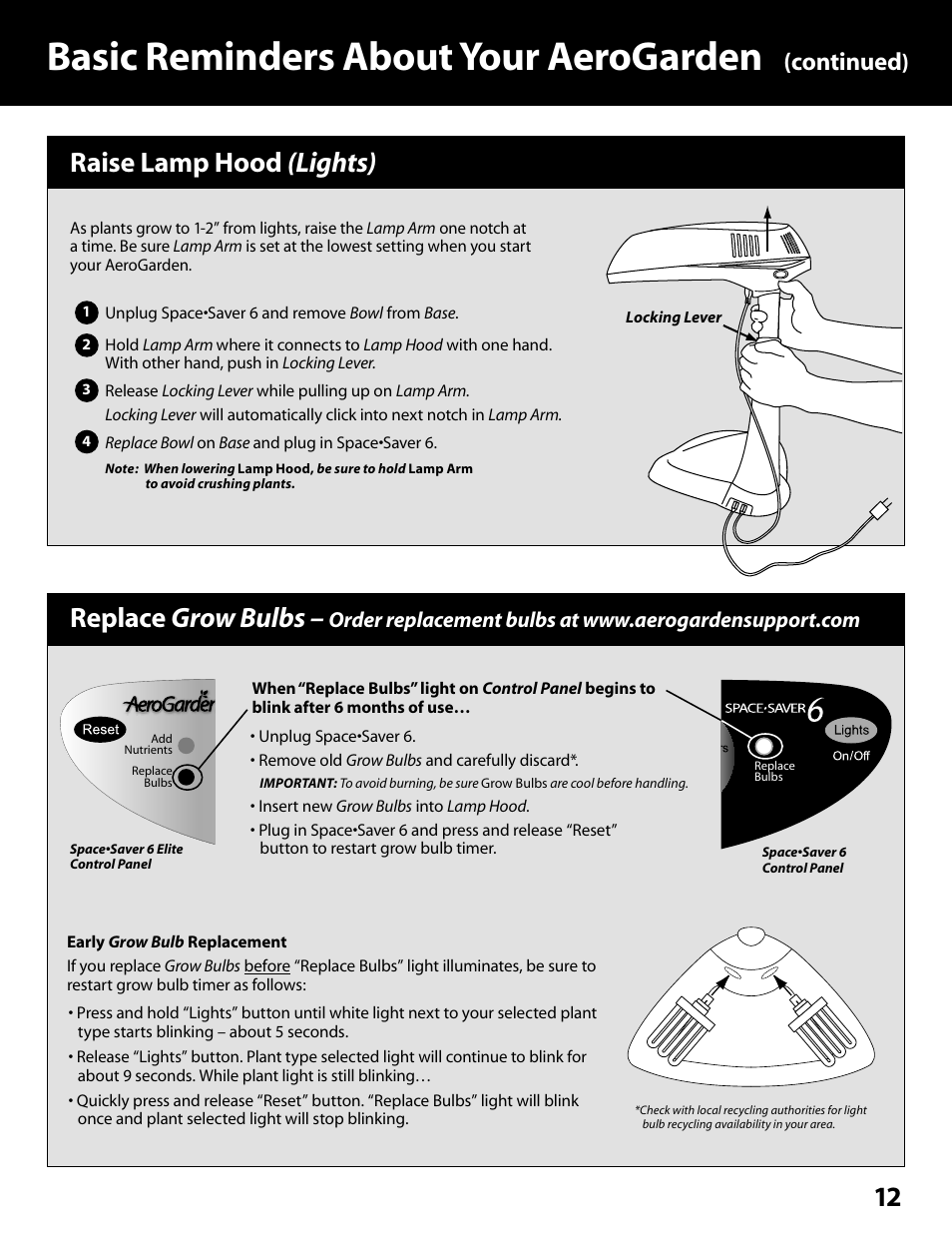 Basic reminders about your aerogarden, Raise lamp hood (lights), Replace grow bulbs | Continued | AeroGarden Space Saver 6 100602-SLR User Manual | Page 13 / 16