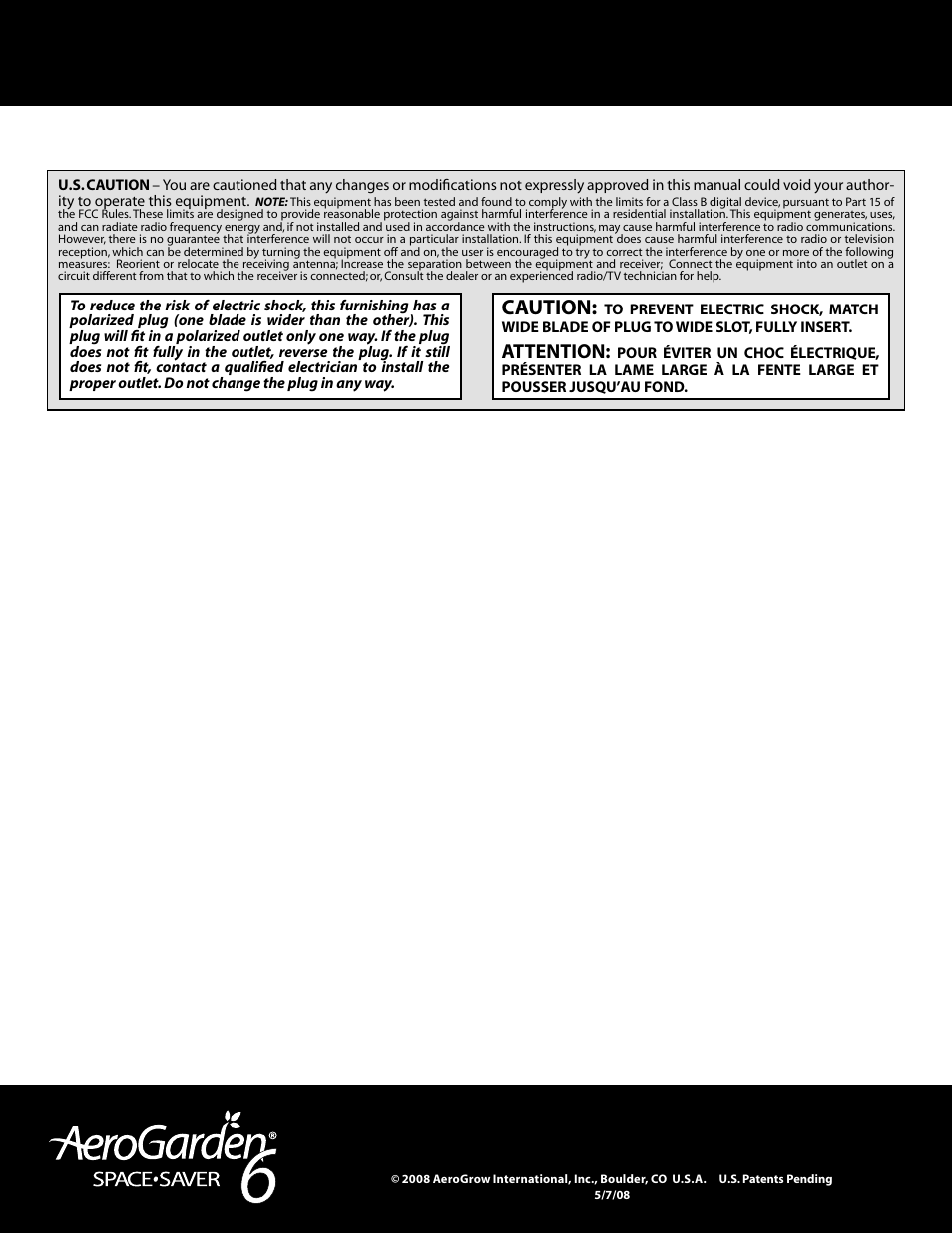 Caution, Attention | AeroGarden Space Saver 6 100602-SLR User Manual | Page 16 / 16