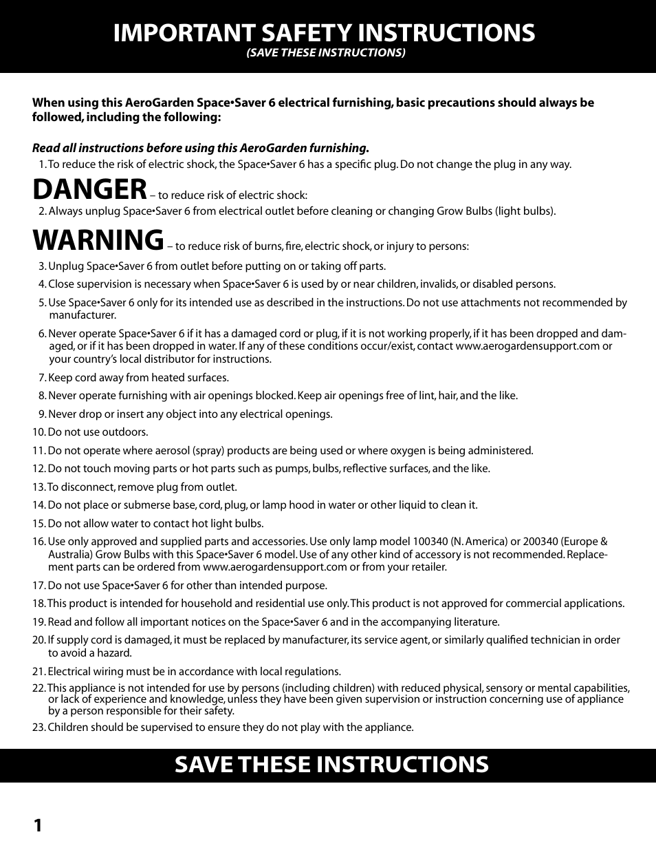 Danger, Warning, Important safety instructions | Save these instructions | AeroGarden Space Saver 6 100602-SLR User Manual | Page 2 / 16