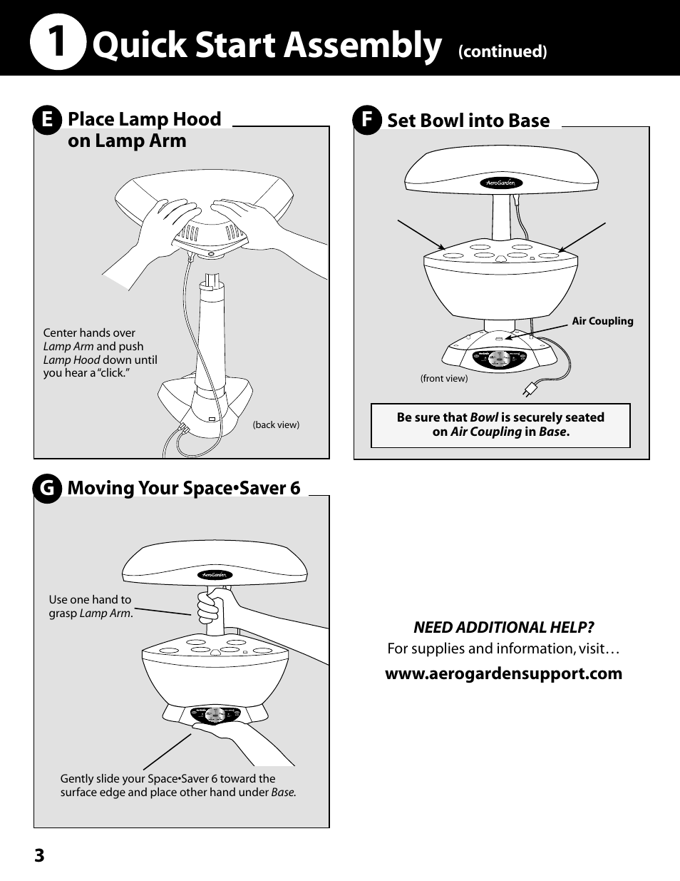 Quick start assembly, Set bowl into base, Place lamp hood on lamp arm | Moving your space•saver 6 | AeroGarden Space Saver 6 100602-SLR User Manual | Page 4 / 16