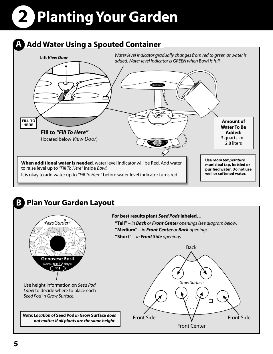 Planting your garden, Add water using a spouted container, Plan your garden layout | AeroGarden Space Saver 6 100602-SLR User Manual | Page 6 / 16