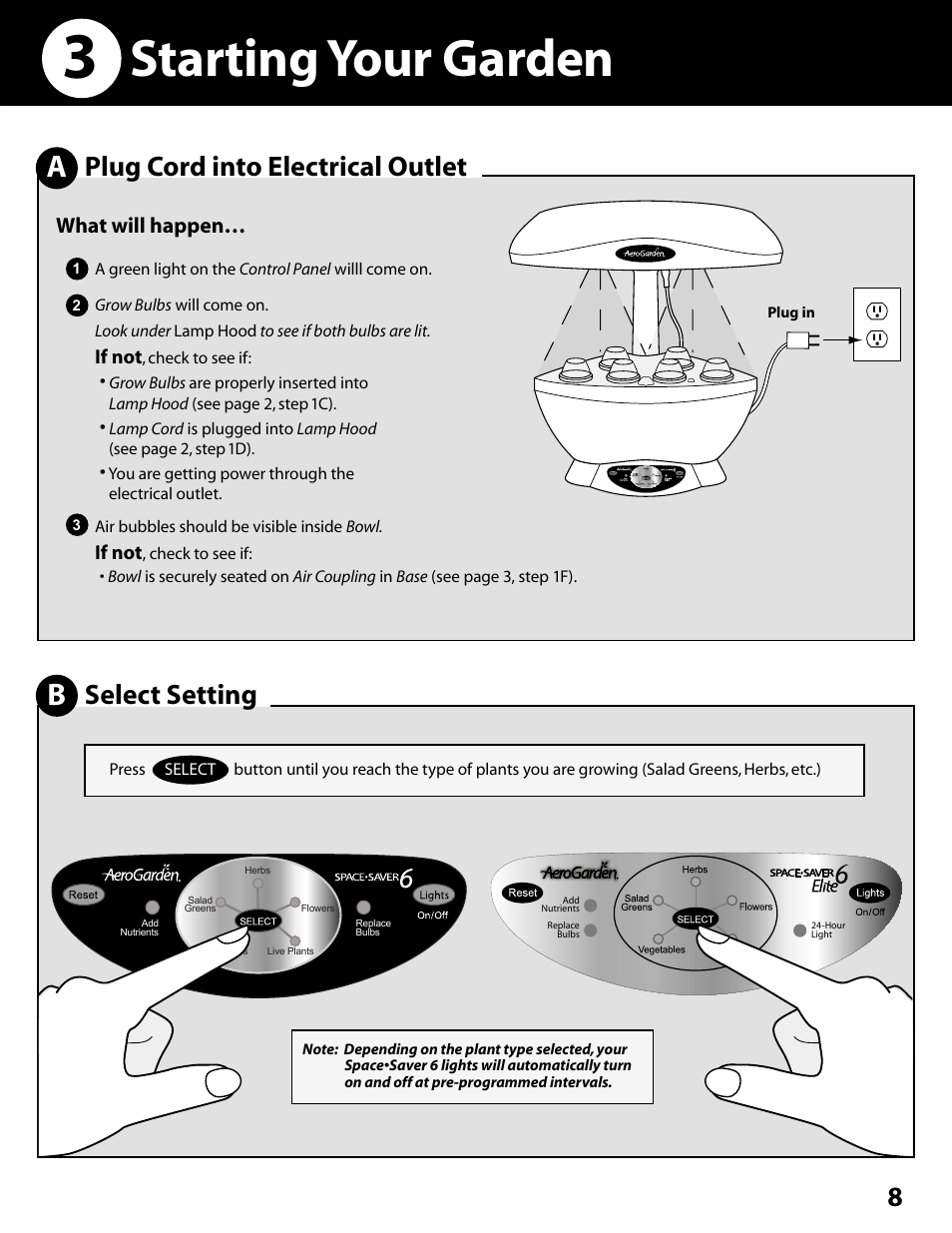 Starting your garden, Plug cord into electrical outlet, Select setting | What will happen | AeroGarden Space Saver 6 100602-SLR User Manual | Page 9 / 16