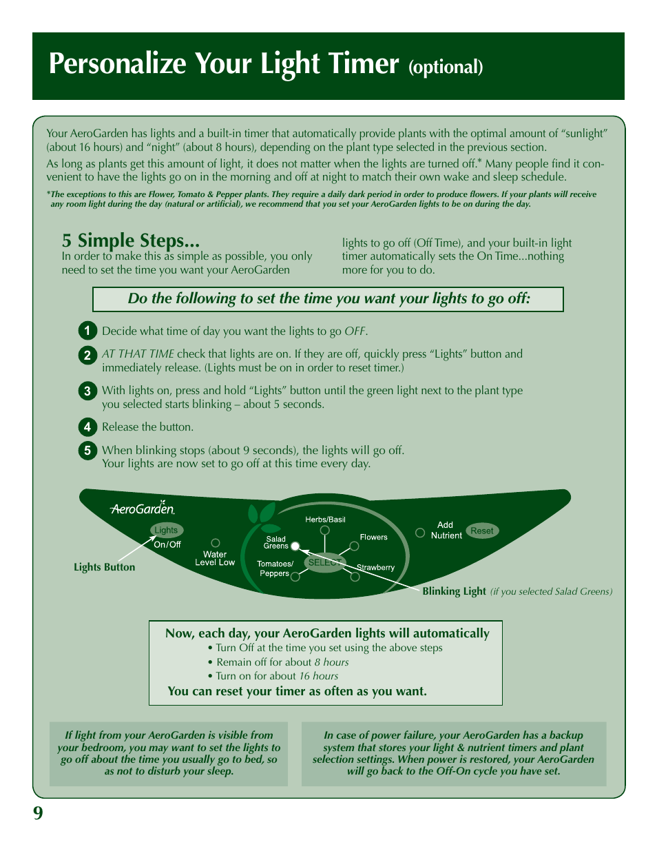 Personalize your light timer, Optional), 5 simple steps | AeroGarden 200629 User Manual | Page 10 / 16