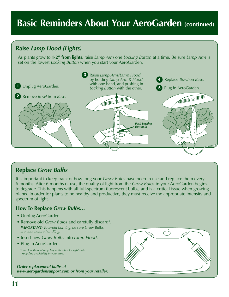 Basic reminders about your aerogarden, Continued) raise lamp hood (lights), Replace grow bulbs | AeroGarden 200629 User Manual | Page 12 / 16