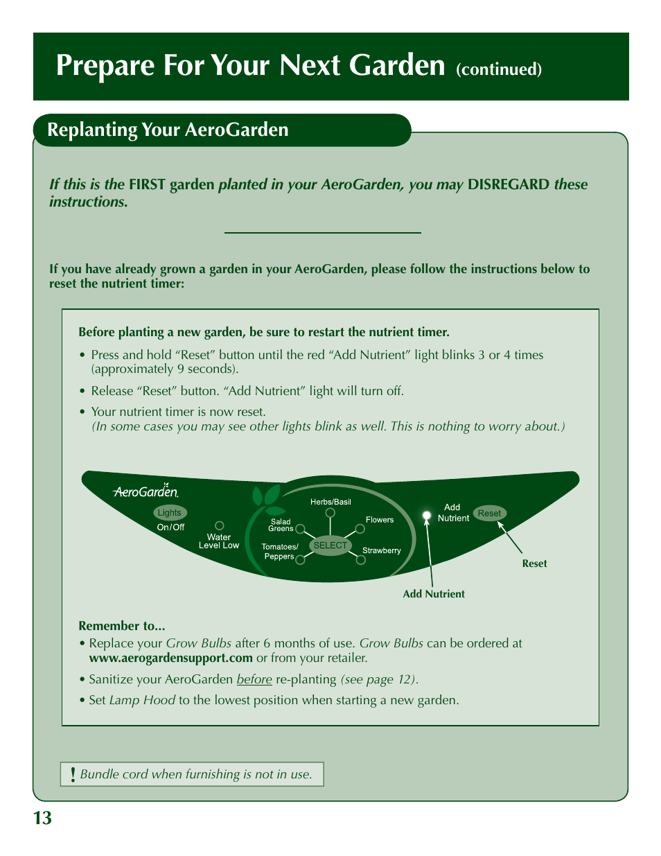 Prepare for your next garden, Replanting your aerogarden | AeroGarden 200629 User Manual | Page 14 / 16