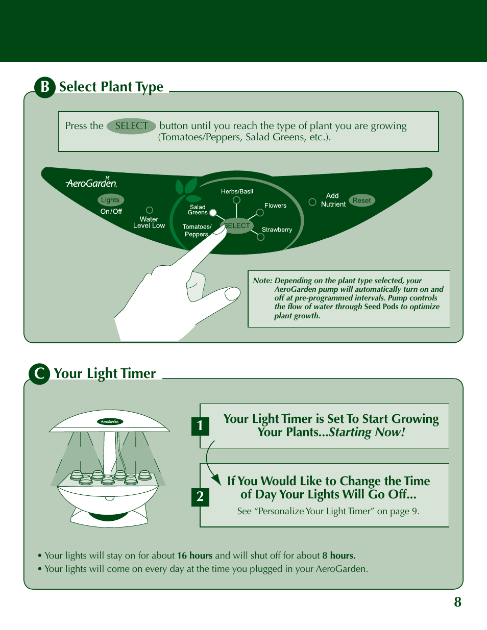 Your light timer, Select plant type | AeroGarden 200629 User Manual | Page 9 / 16