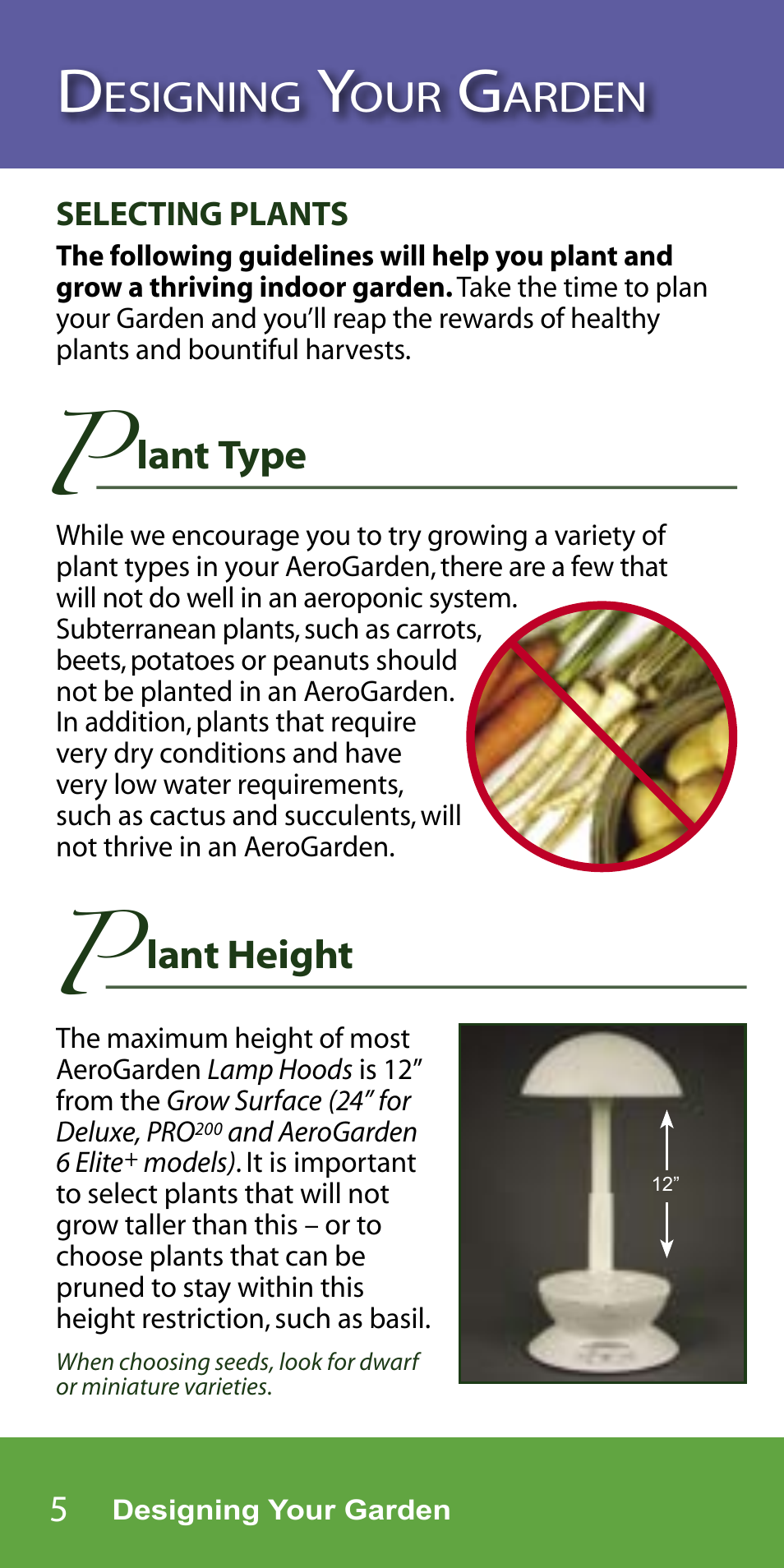 Esigning, Arden, Lant type | Lant height | AeroGarden 7-Pod User Manual | Page 6 / 32