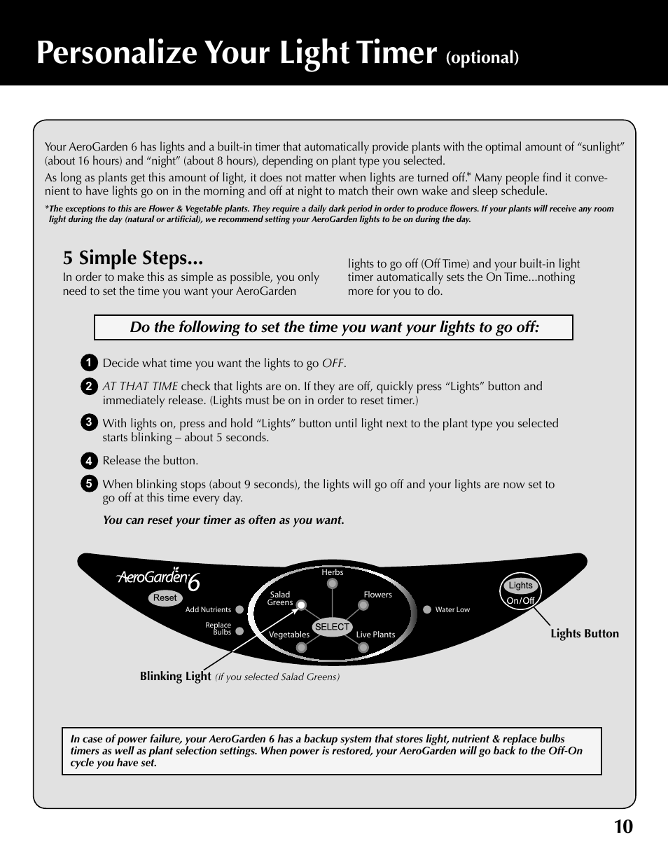 Personalize your light timer, 5 simple steps, Optional) | AeroGarden 100610-SLR User Manual | Page 11 / 16