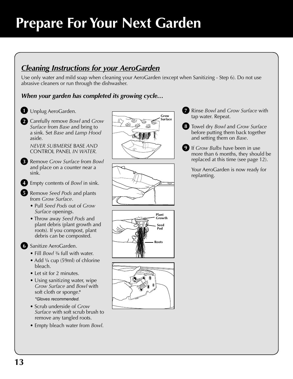 Prepare for your next garden, Cleaning instructions for your aerogarden | AeroGarden 100610-SLR User Manual | Page 14 / 16