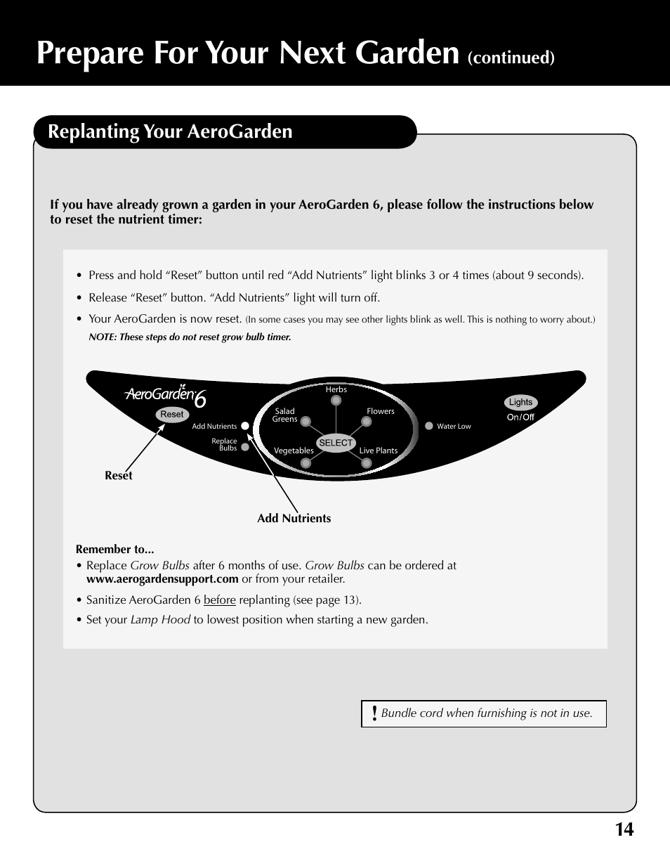 Prepare for your next garden, 14 replanting your aerogarden, Continued) | AeroGarden 100610-SLR User Manual | Page 15 / 16